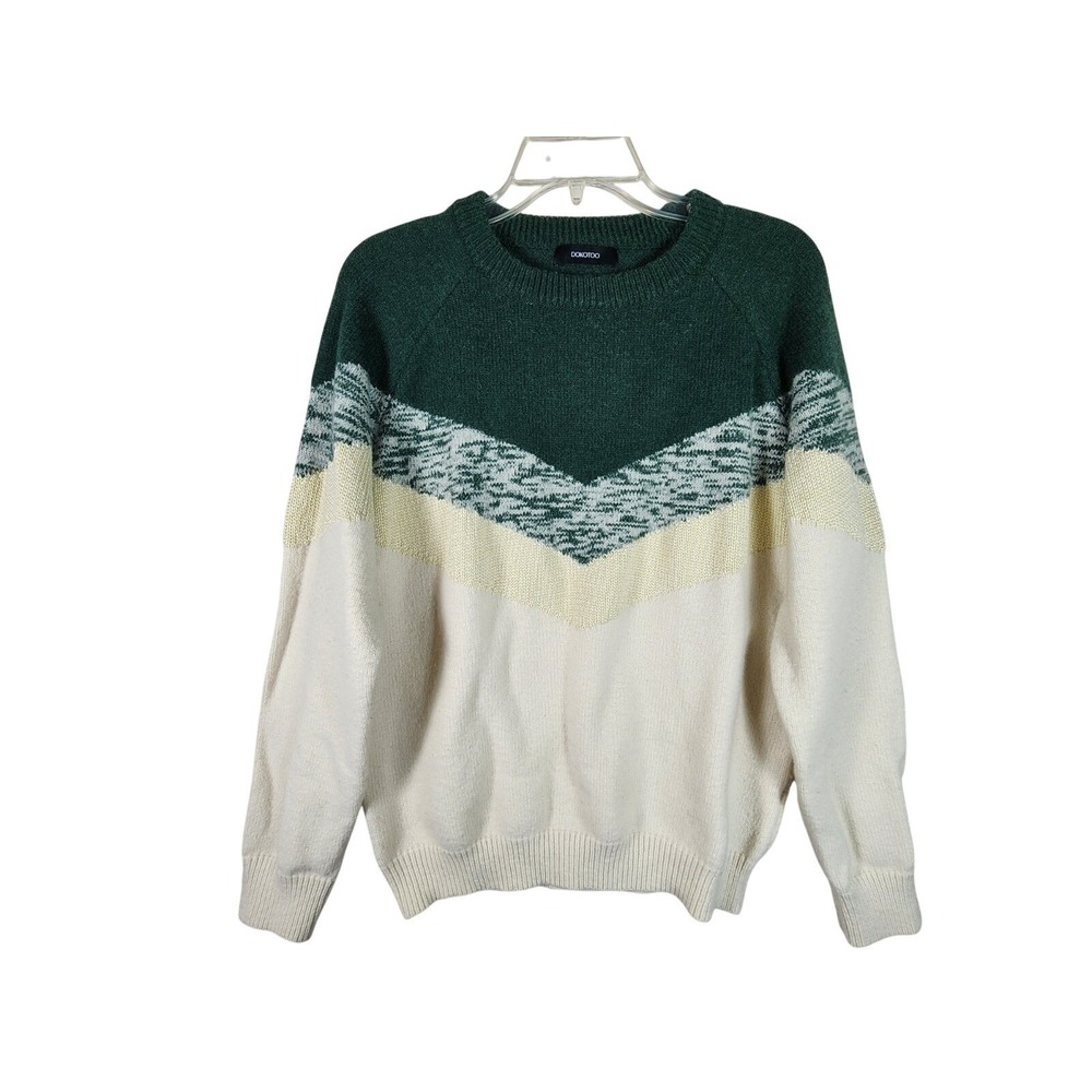 Dokotoo Womens Large Green Cream Sweater Chevron Coastal Hygge Softgirl Cottage